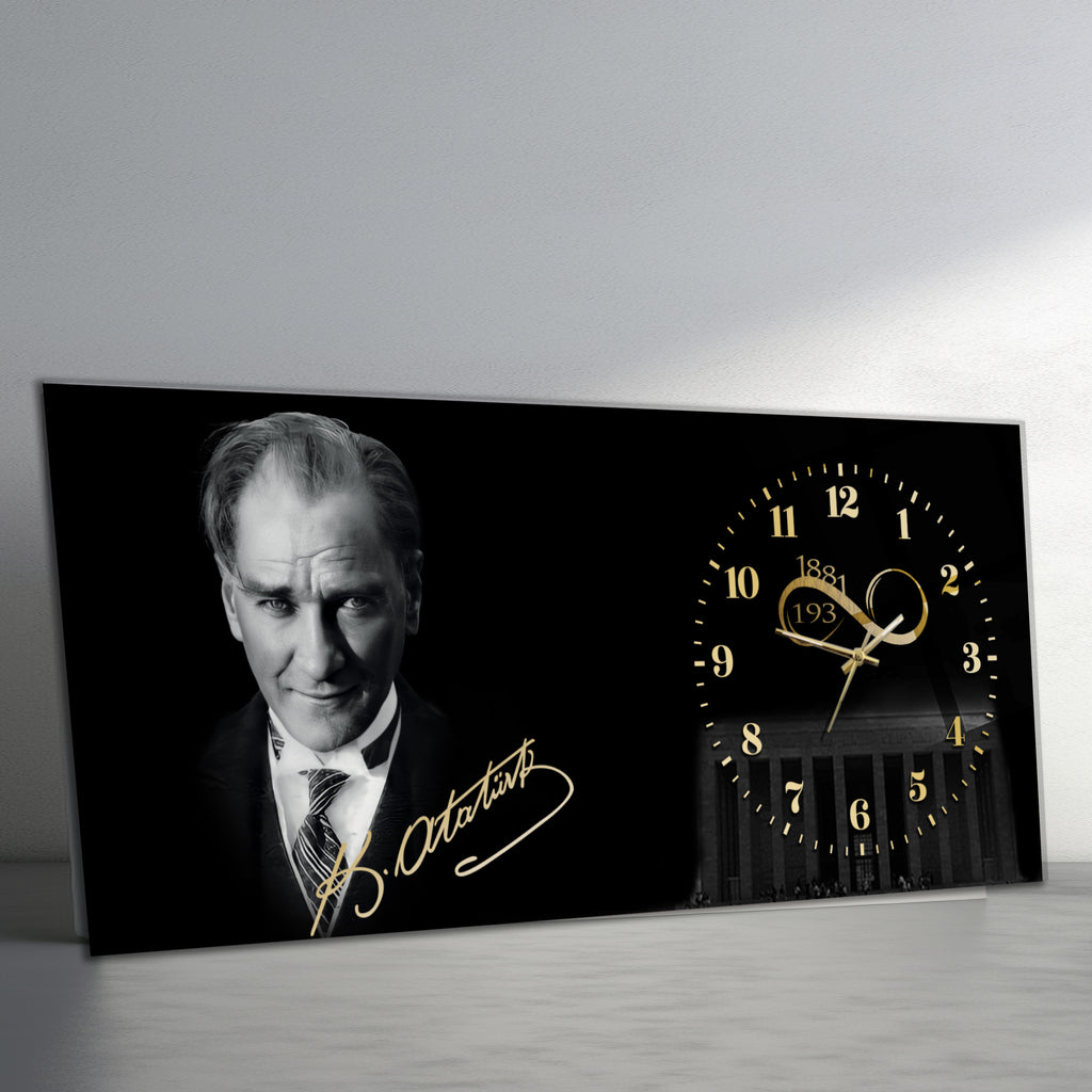 Temperli Cam Saat –Atatürk Portresi  Tasarım, Premium UV Baskı Duvar Saati