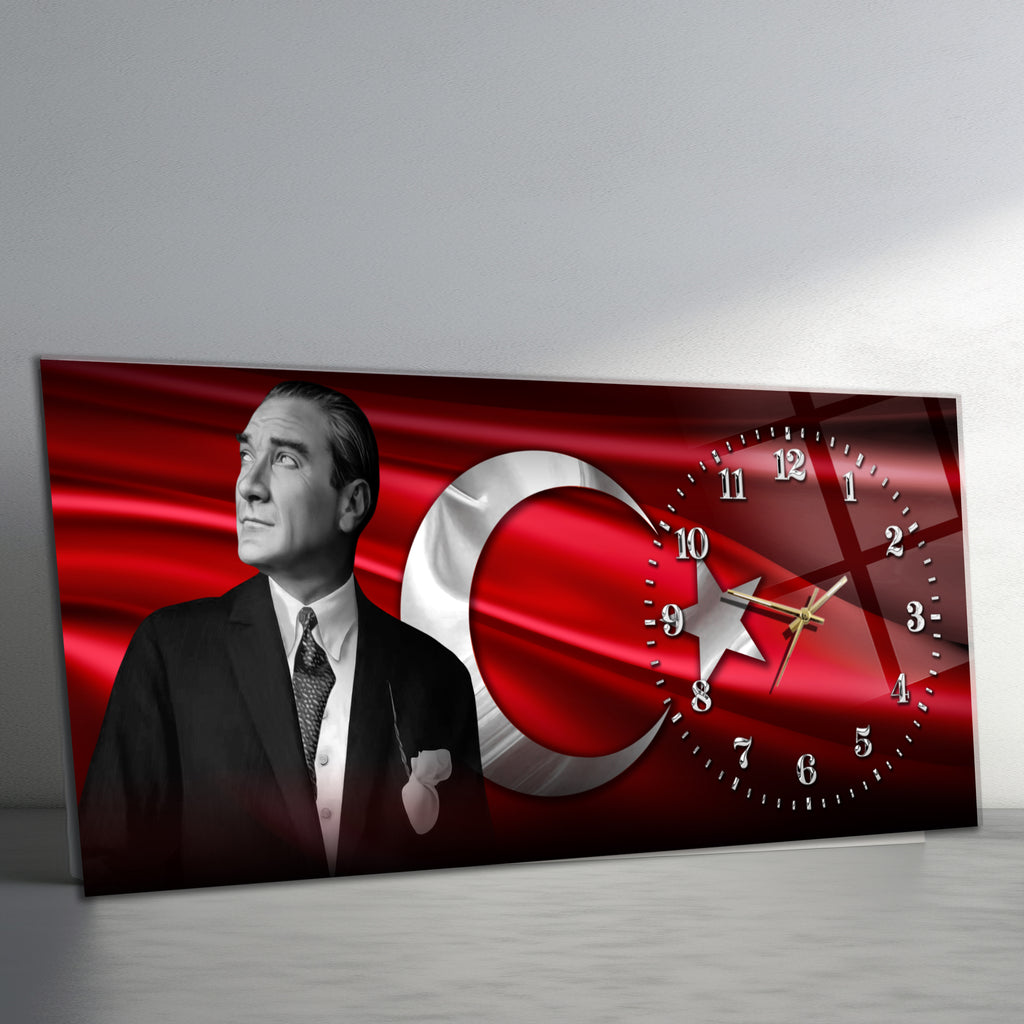 Temperli Cam Saat –Atatürk Portresi  Tasarım, Premium UV Baskı Duvar Saatİ