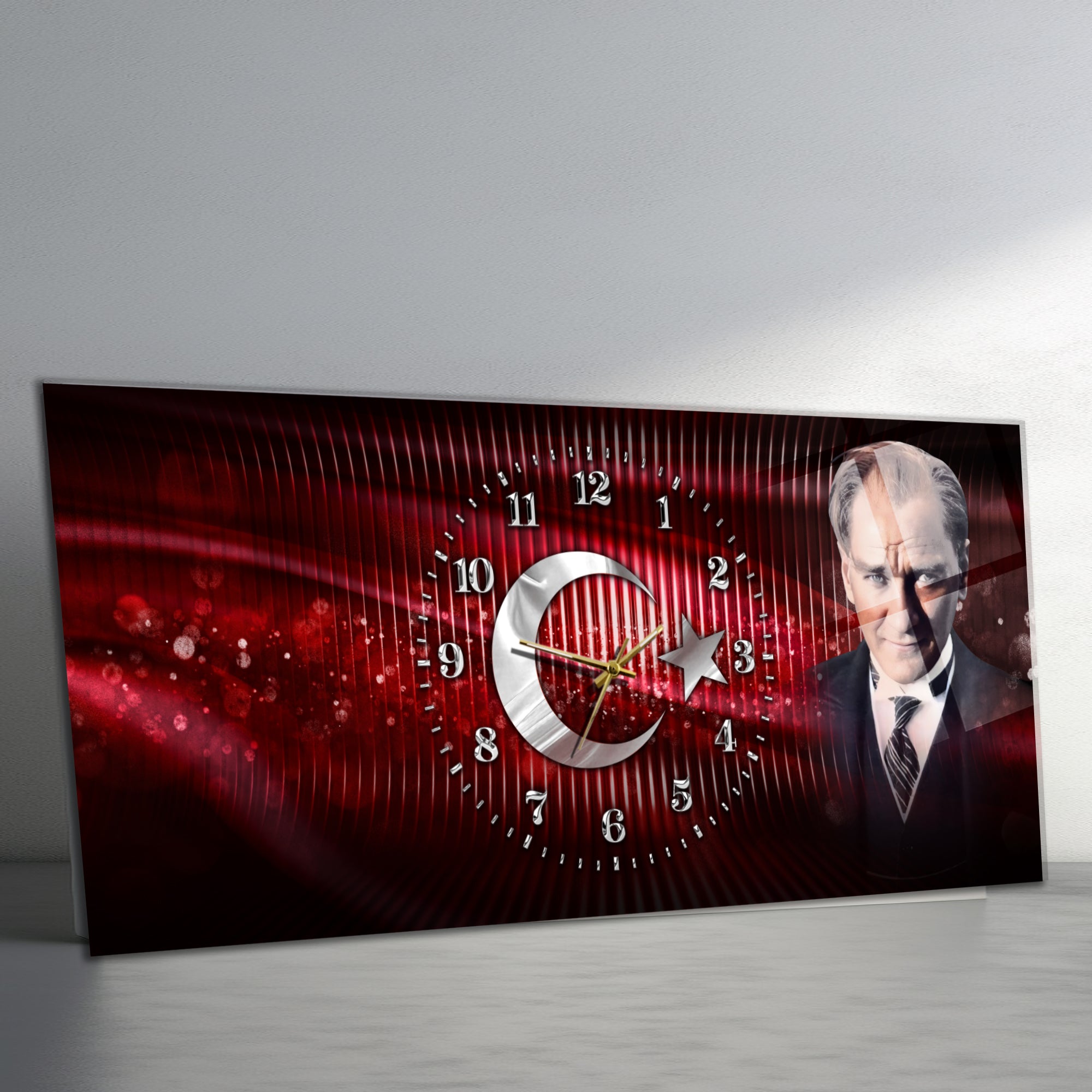 Temperli Cam Saat –Atatürk Portresi  Tasarım, Premium UV Baskı Duvar Saatİ