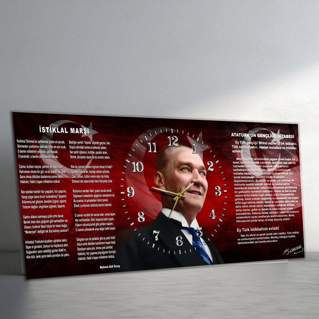 Temperli Cam Saat –Atatürk Portresi  Tasarım, Premium UV Baskı Duvar Saatİ