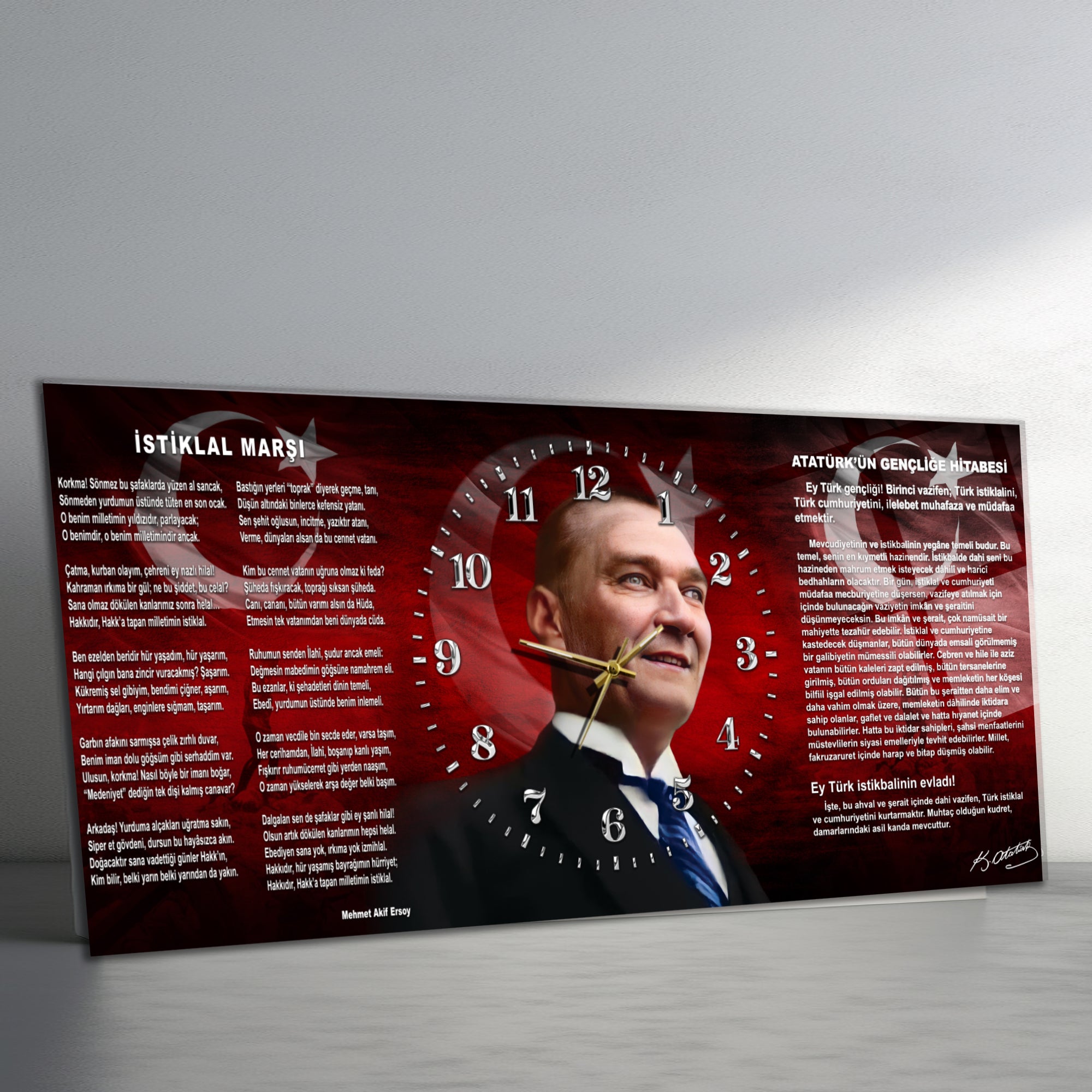 Temperli Cam Saat –Atatürk Portresi  Tasarım, Premium UV Baskı Duvar Saatİ