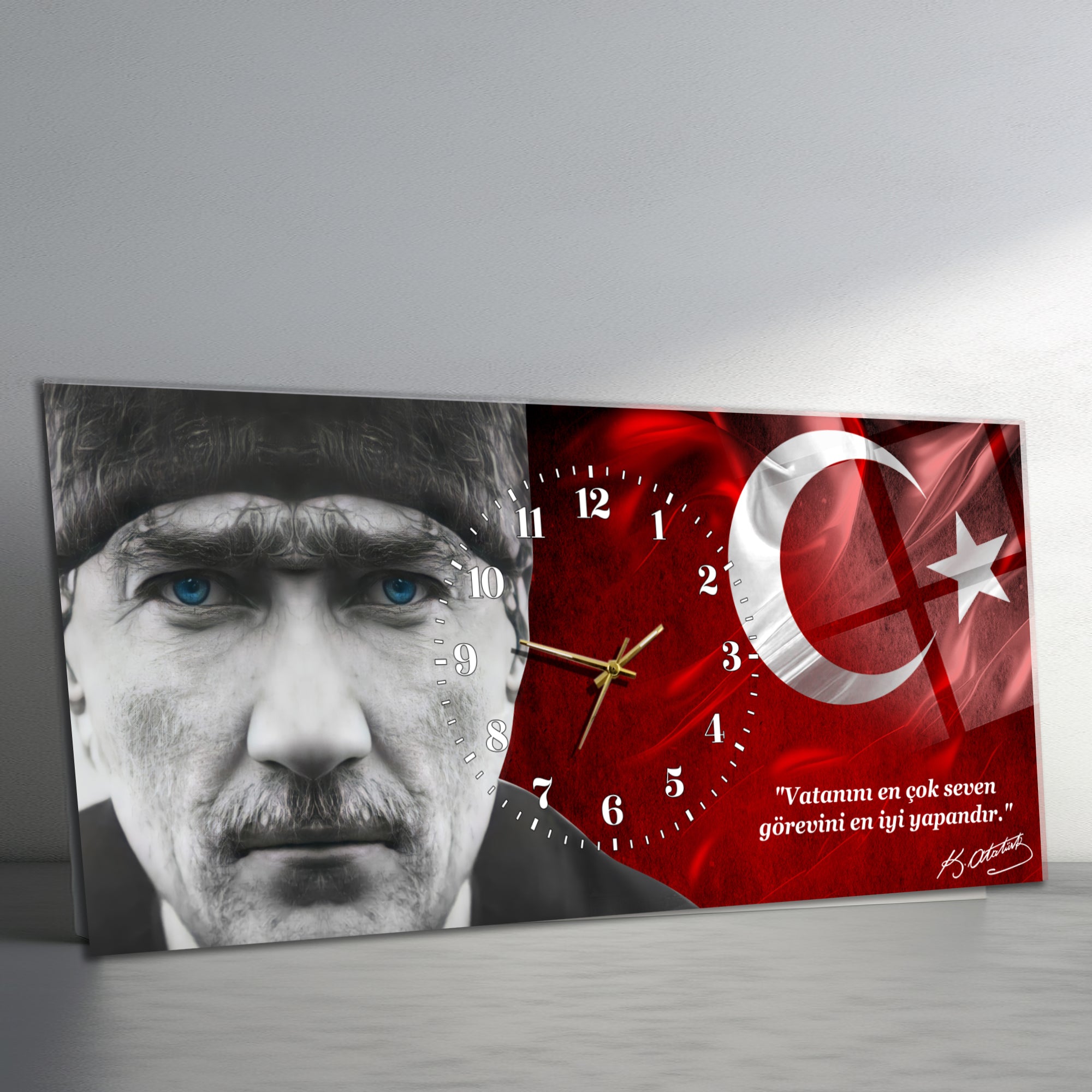 Temperli Cam Saat –Atatürk Portresi  Tasarım, Premium UV Baskı Duvar Saati