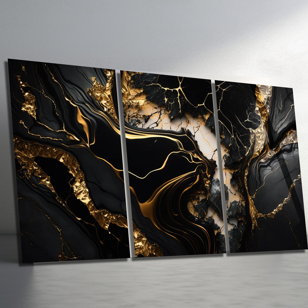 3 Parçalı Temperli Cam Duvar Tablosu Mermer Temalı
