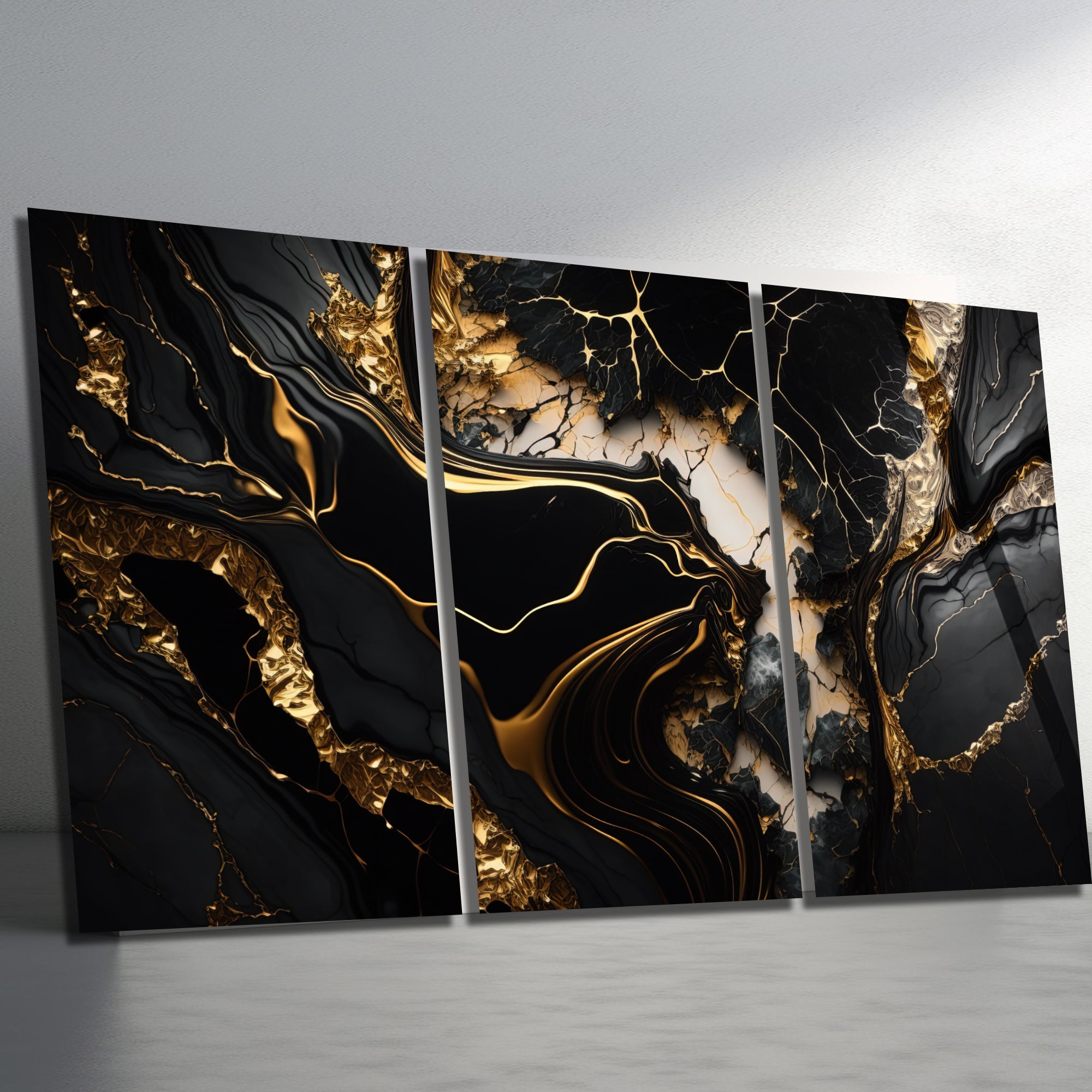 3 Parçalı Temperli Cam Duvar Tablosu Mermer Temalı