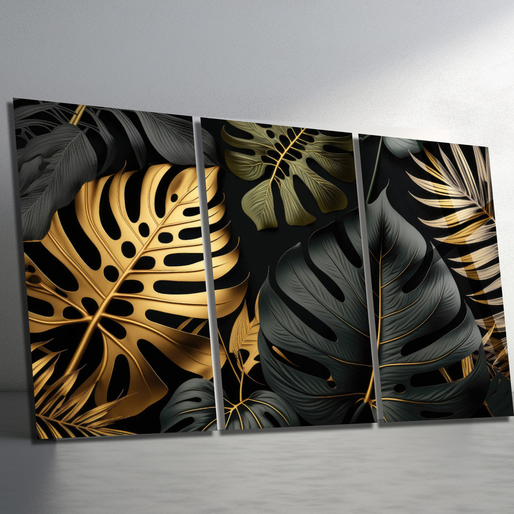 3 Parçalı Temperli Cam Duvar Tablosu Altın ve Siyah Yapraklar