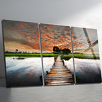 3 Parçalı Temperli Cam Duvar Tablosu Göl Ve İskele