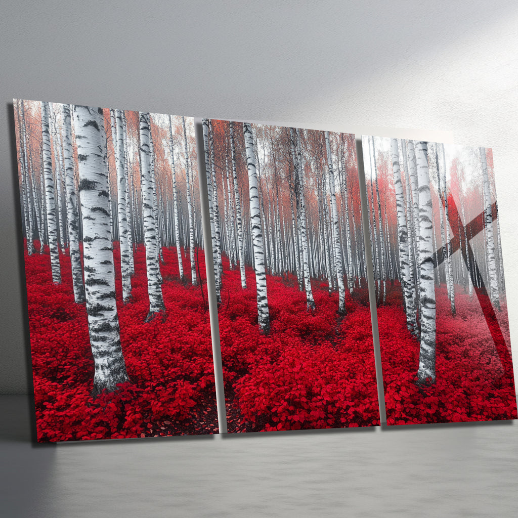 3 Parçalı Temperli Cam Duvar Tablosu Kırmızı Orman