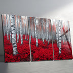 3 Parçalı Temperli Cam Duvar Tablosu Kırmızı Orman