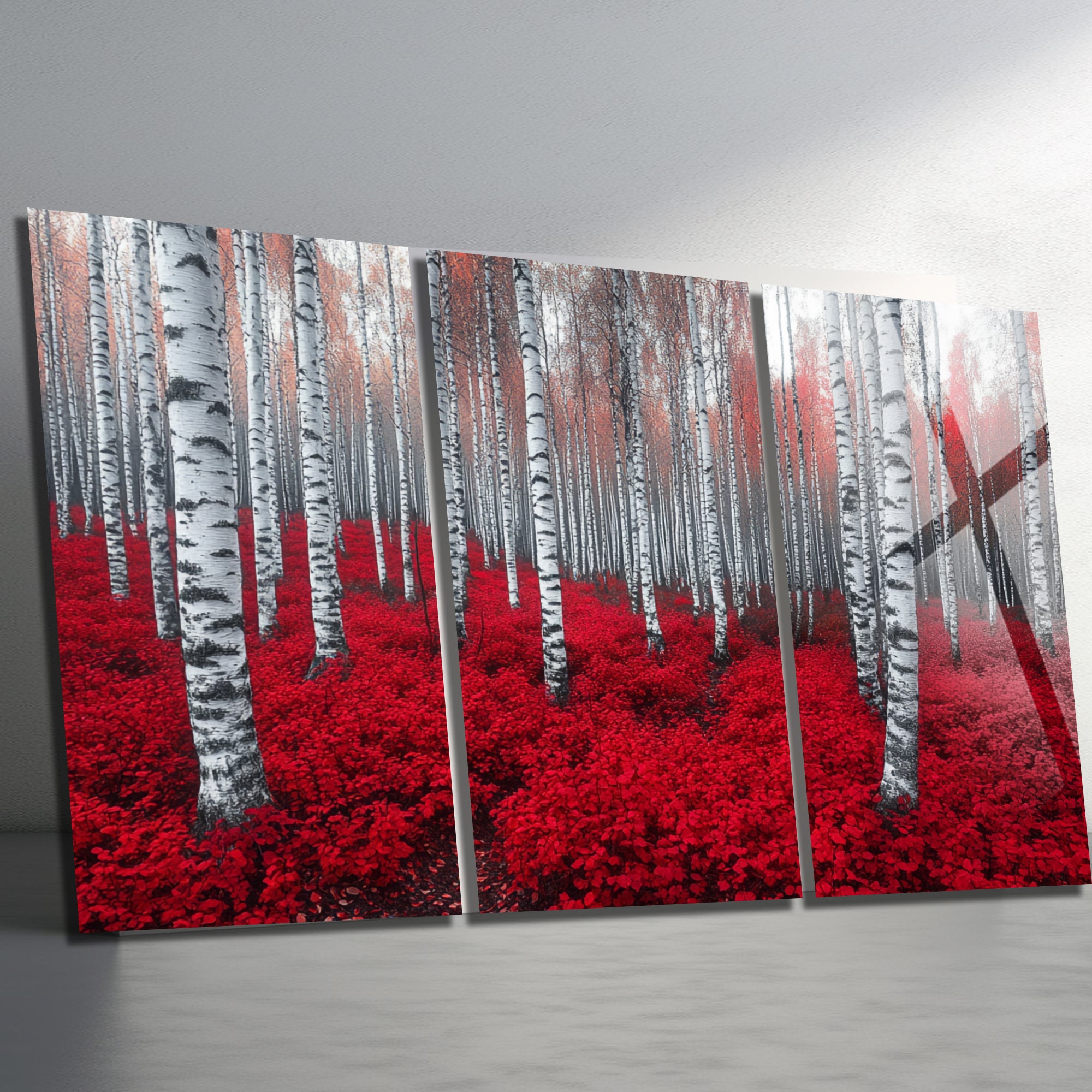 3 Parçalı Temperli Cam Duvar Tablosu Kırmızı Orman