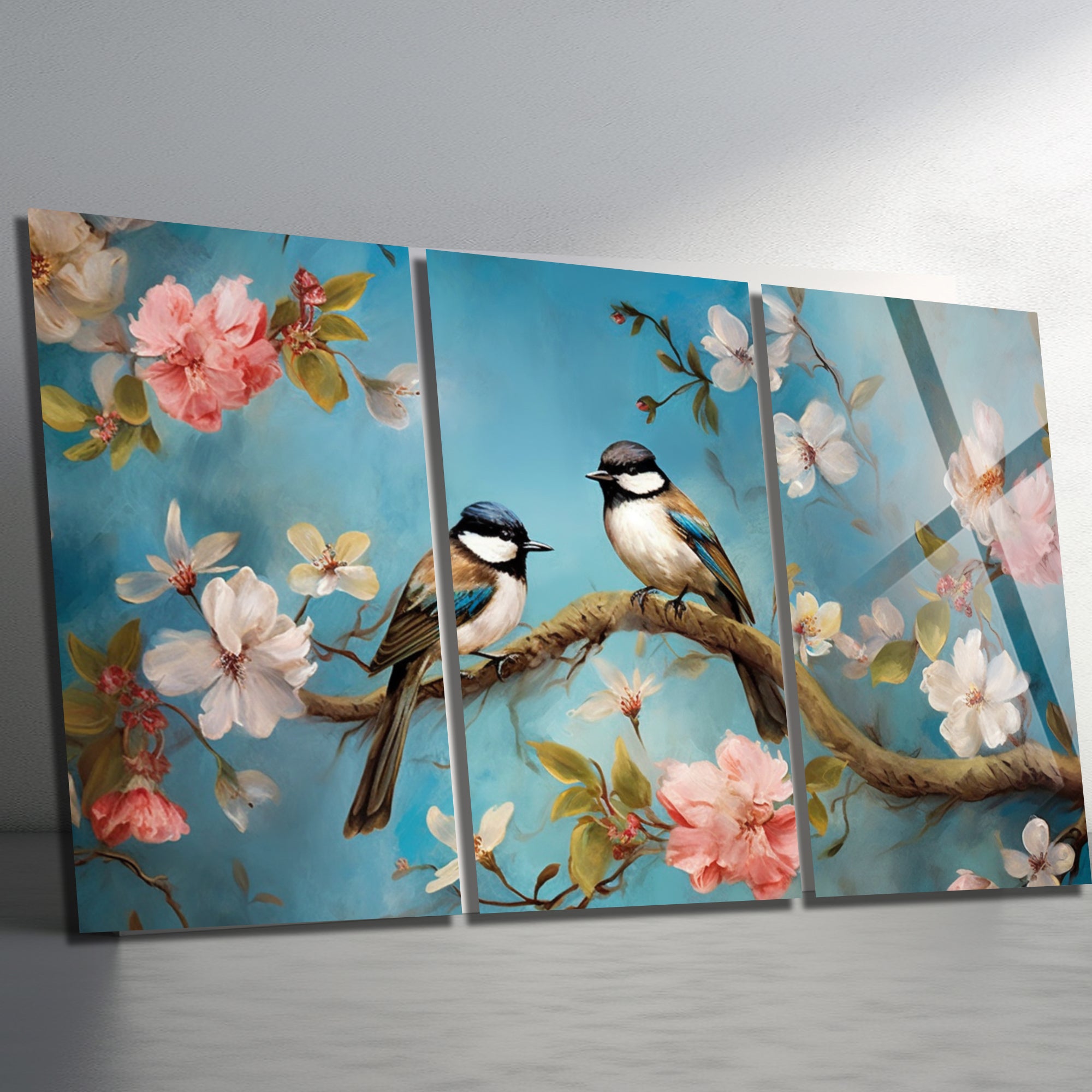 3 Parçalı Temperli Cam Duvar Tablosu Renkli Kuşlar