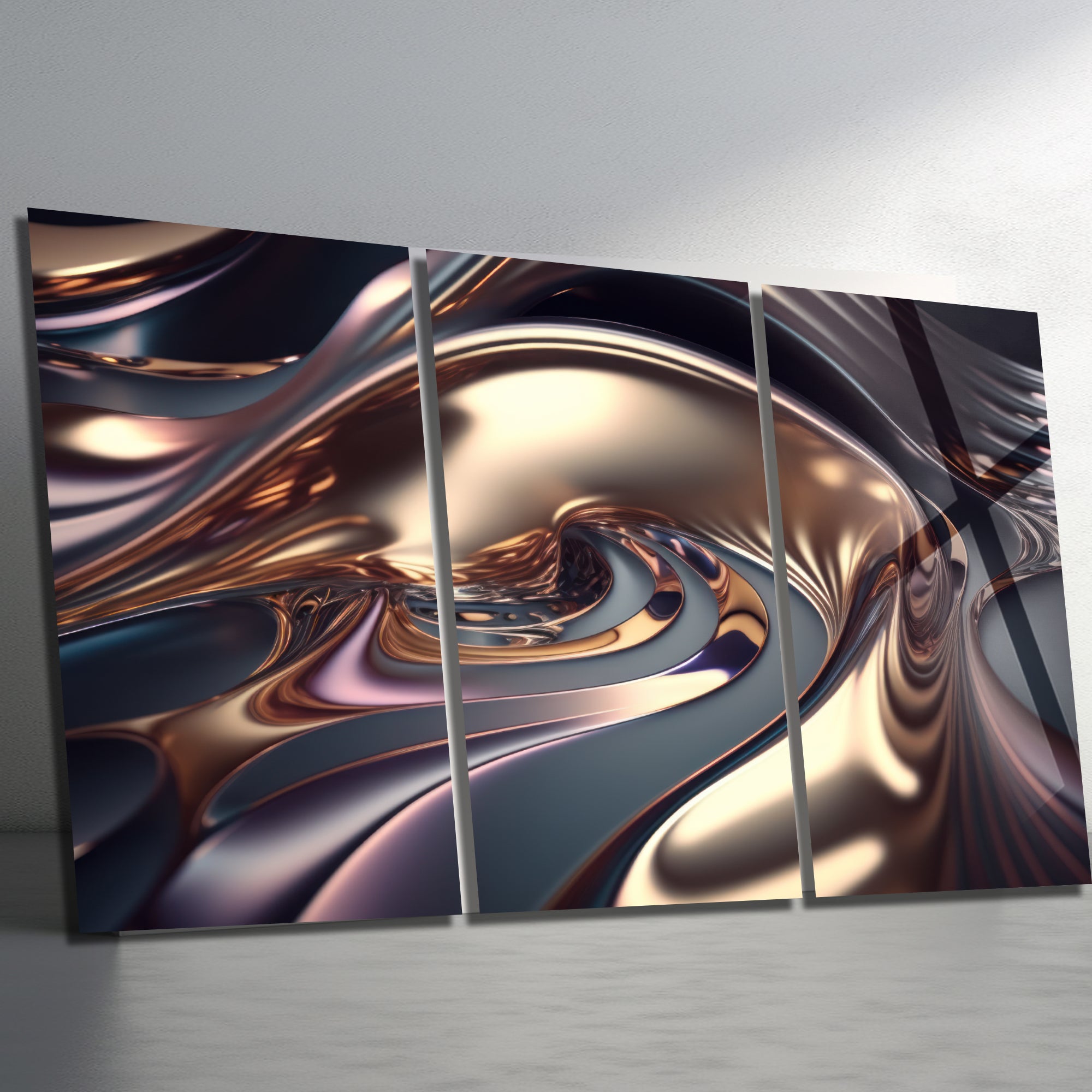 3 Parçalı Temperli Cam Duvar Tablosu Soyut Altın