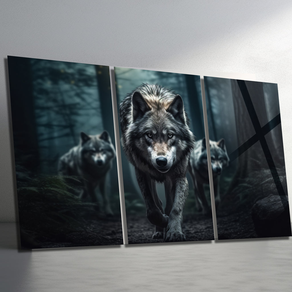 3 Parçalı Temperli Cam Duvar Tablosu Orman ve Kurtlar