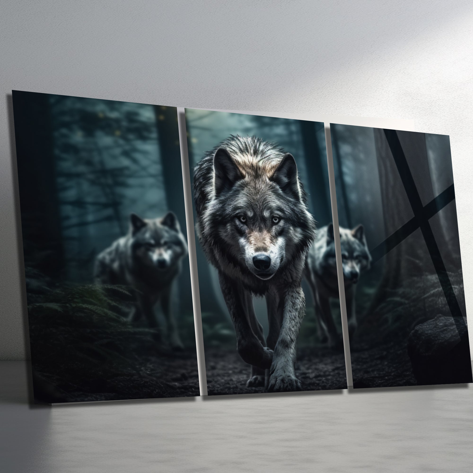 3 Parçalı Temperli Cam Duvar Tablosu Orman ve Kurtlar