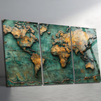 3 Parçalı Temperli Cam Duvar Tablosu Vintage Dünya Haritası