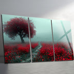 3 Parçalı Temperli Cam Duvar Tablosu Kızıl Ağaç