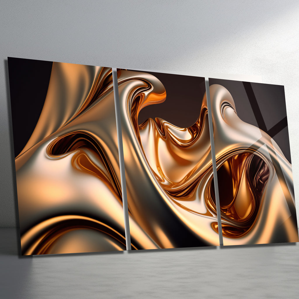 3 Parçalı Temperli Cam Duvar Tablosu Soyut Altın