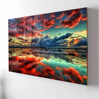 Kırmızı ve Mavi Gün Batımı Yansımalı Cam Tablo – Modern Manzara Duvar Dekoru