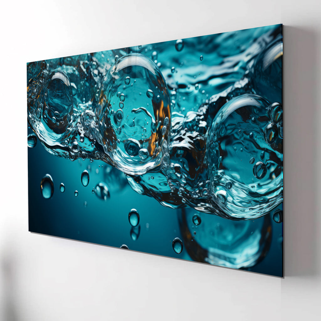 Water Bubbles Abstract Glass Wall Art – Modern Blue Fluid Design on Tempered Glass