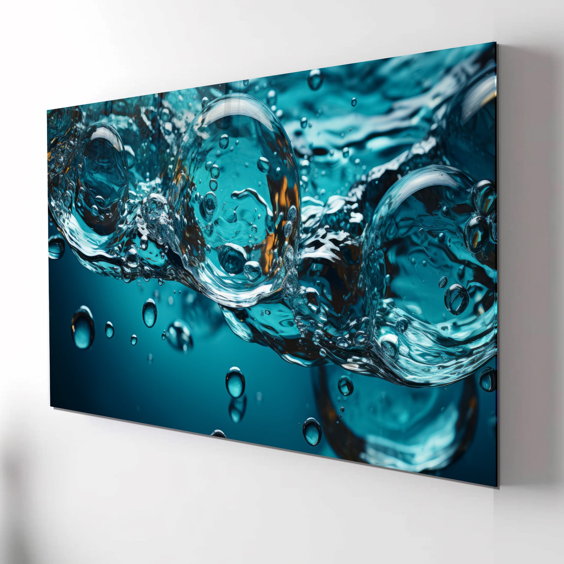 Water Bubbles Abstract Glass Wall Art – Modern Blue Fluid Design on Tempered Glass
