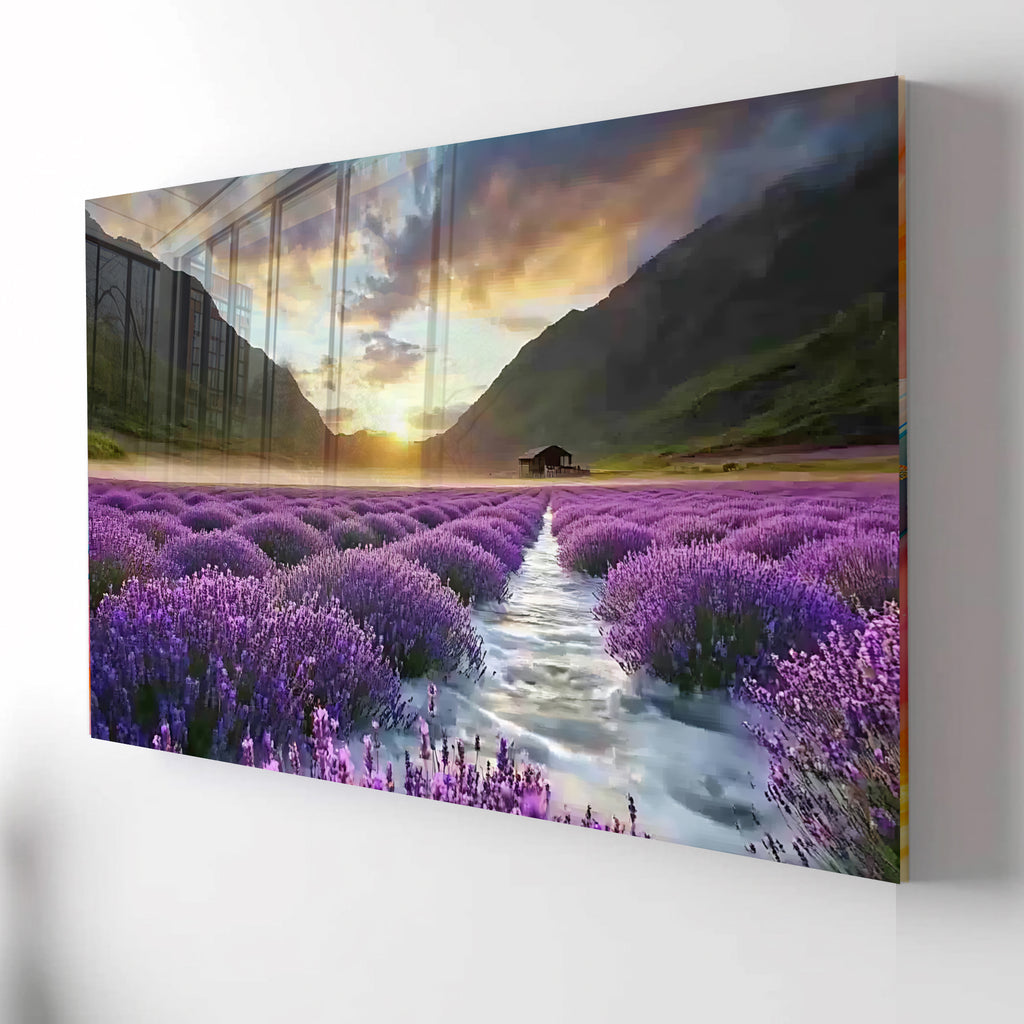 Lavender Field Glass Wall Art, Sunset Landscape Tempered Glass Print, Nature Wall Decor, Purple Floral Glass Panel, Relaxing Scenic Art