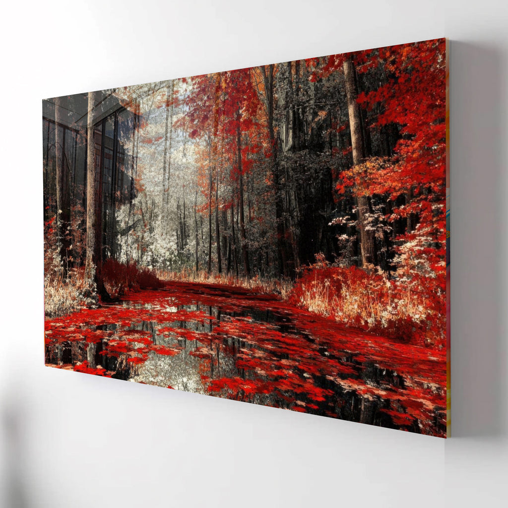 Autumn Forest Glass Wall Art, Red Foliage Tempered Glass Print, Fall Landscape Wall Decor, Tranquil Nature Glass Panel, Seasonal Home Art