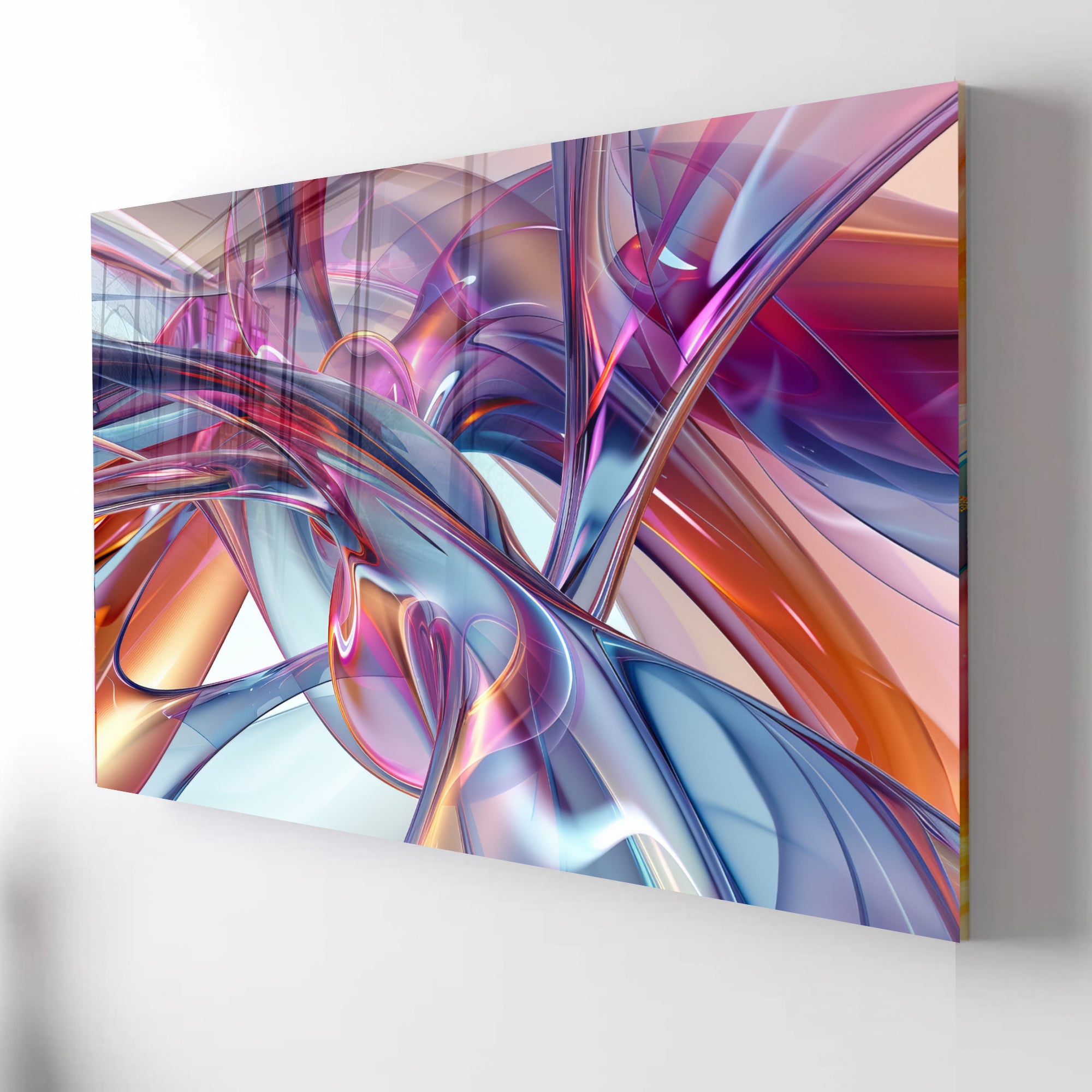 Renkli Metalik Soyut Temperlenmiş Cam Tablo, Modern 3D Duvar Dekoru, Şık ve Lüks Cam Sanat Eseri