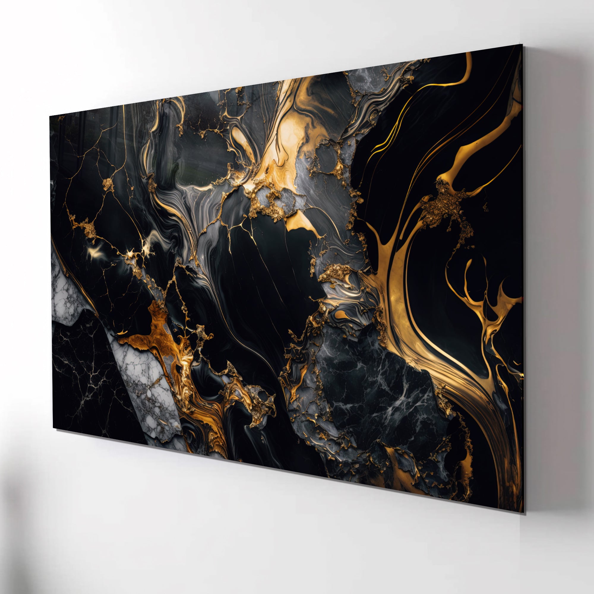 Tempered Glass Wall Art, Black and Gold Marble Design, Luxury Abstract Modern Decor Panel