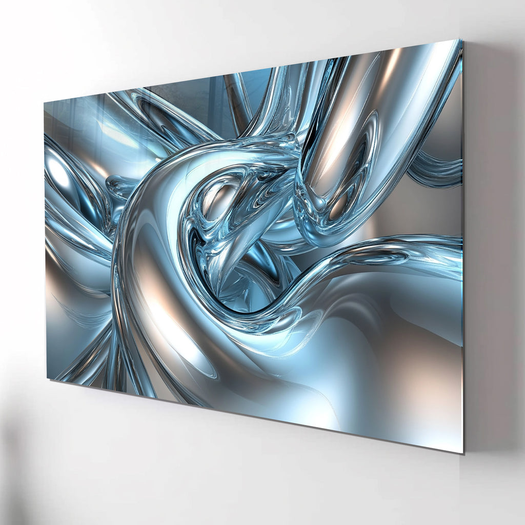 Abstract Chrome Glass Wall Art – Metallic Fluid Design on Tempered Glass