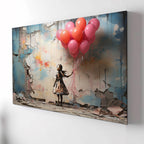 Kız ve Balonlar Temalı Temperli Cam Tablo – Modern Sokak Sanatı Tarzı, Renkli Duvar Dekoru