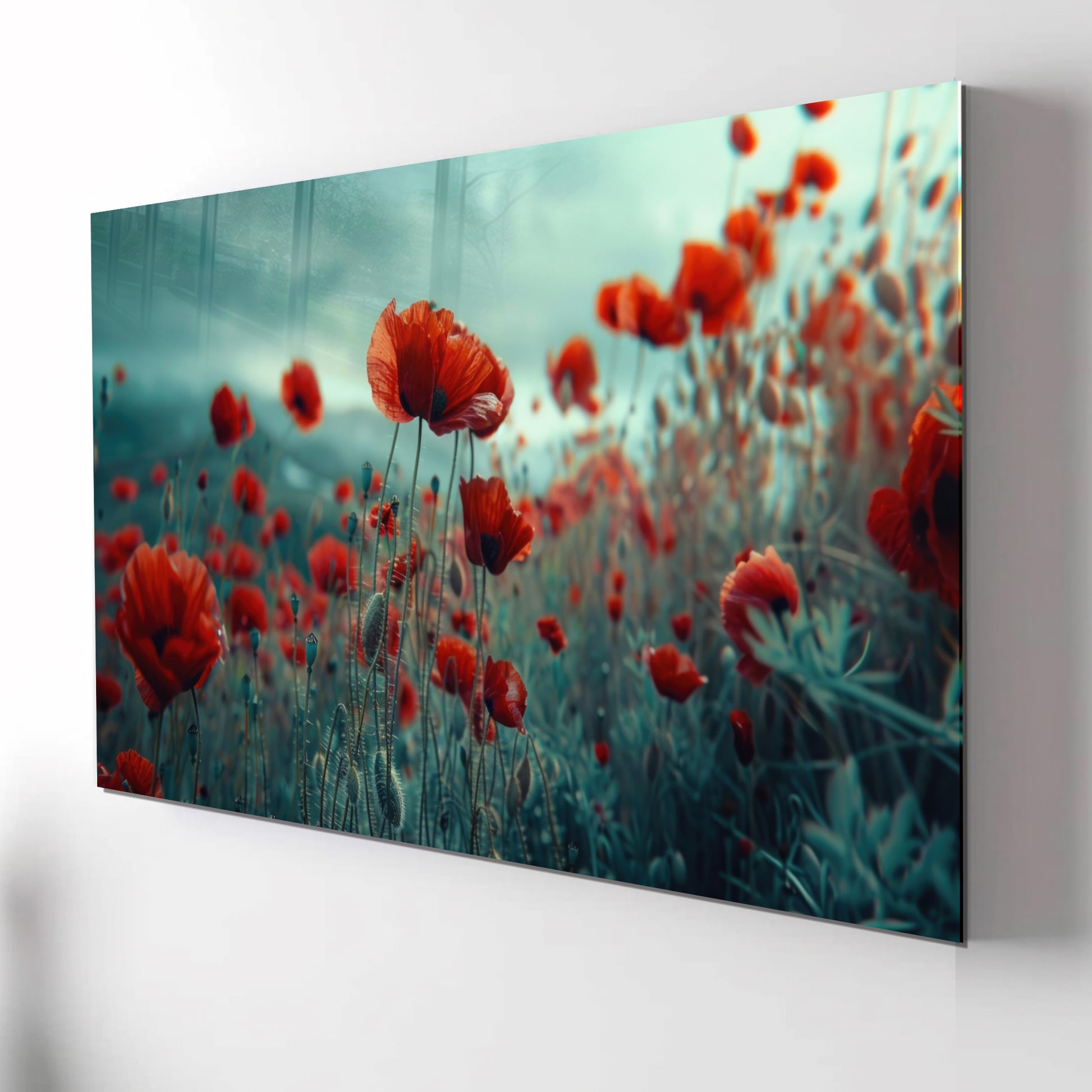Poppy Flower Field Glass Wall Art – Botanical Nature Scene on Tempered Glass