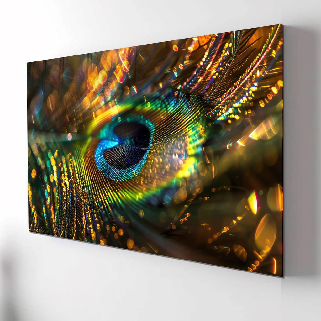 Peacock Feather Wall Art, Macro Feather Glass Print, Colorful Nature Wall Decor, Tempered Glass Art Panel, Elegant Bird Theme Art