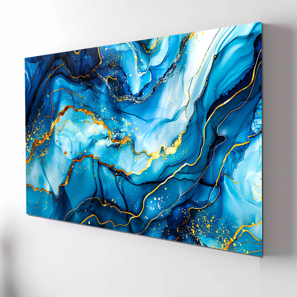 Tempered Glass Wall Art, Blue and Gold Marble Design, Luxury Abstract Modern Decor Panel
