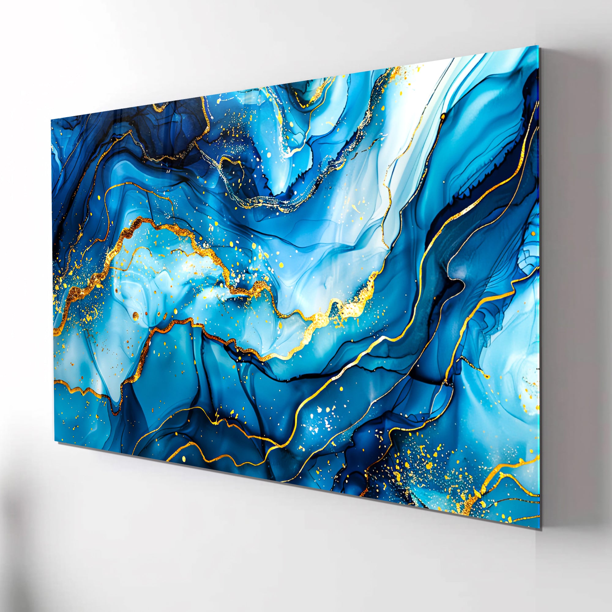 Tempered Glass Wall Art, Blue and Gold Marble Design, Luxury Abstract Modern Decor Panel