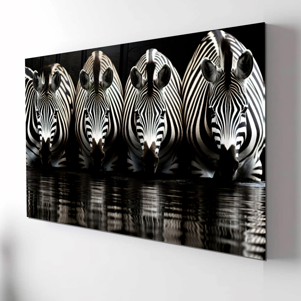 Zebra Reflections Wall Art – Monochrome Wildlife Print on Tempered Glass