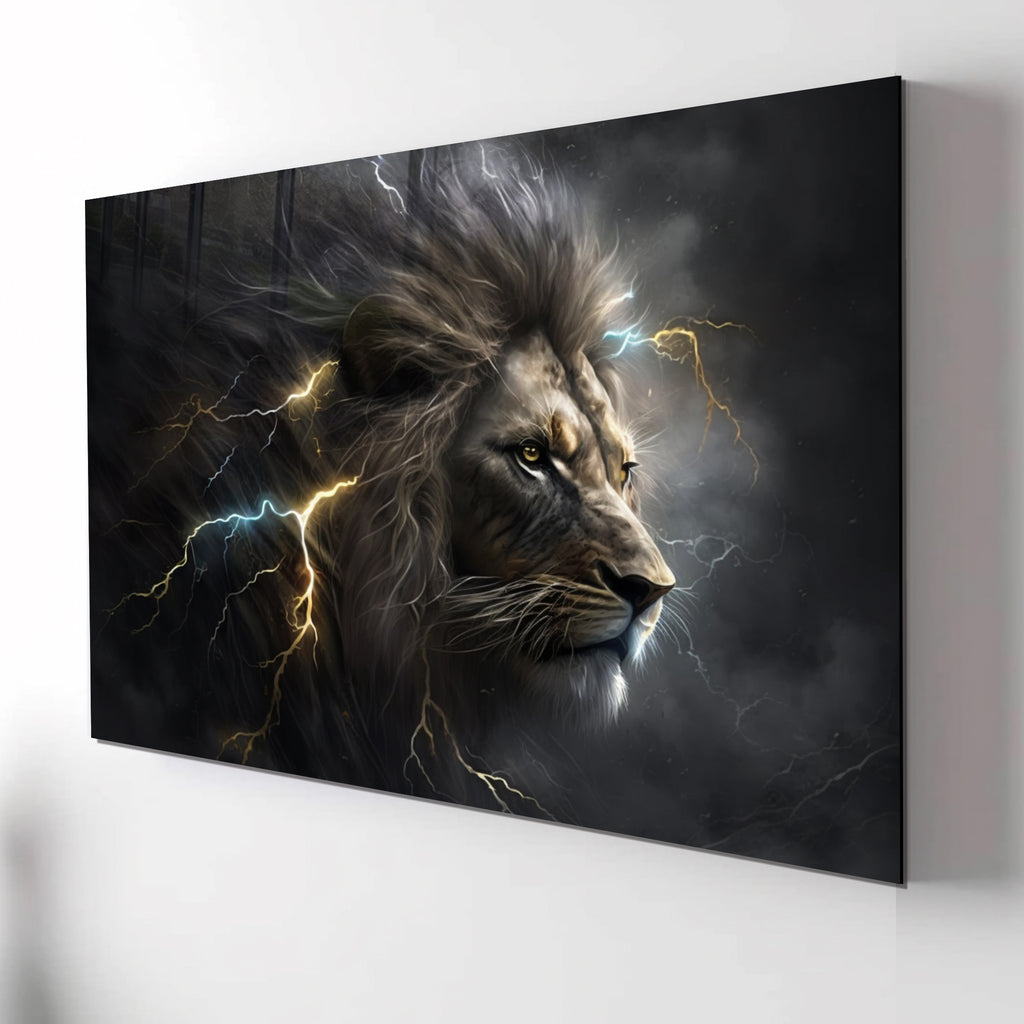 Powerful Lion Wall Art, Electric Storm Lion, Tempered Glass Animal Art, Lightning Lion Print, Bold Safari Wall Decor