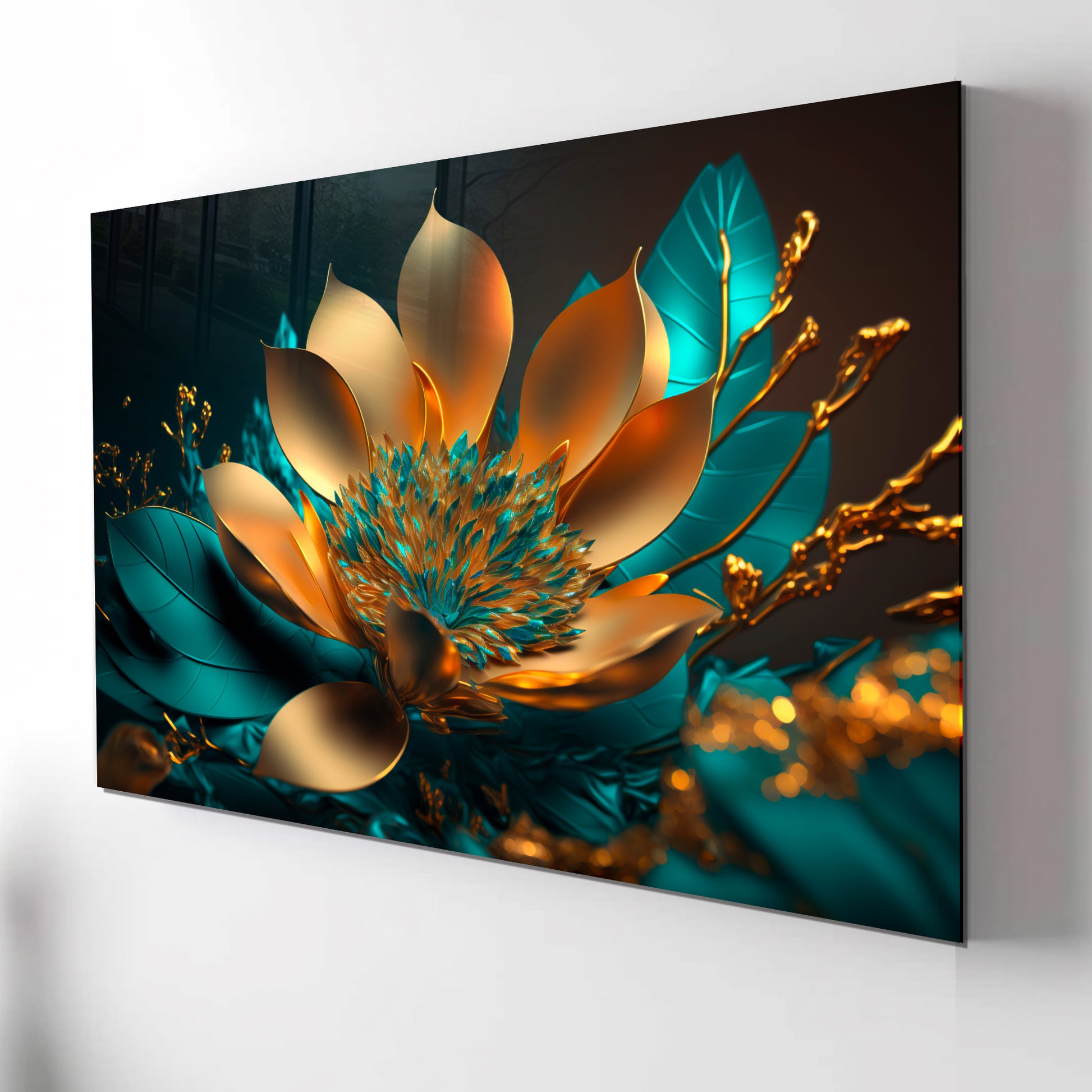 Golden Turquoise Flower Glass Wall Art – Luxury Floral Panel on Tempered Glass