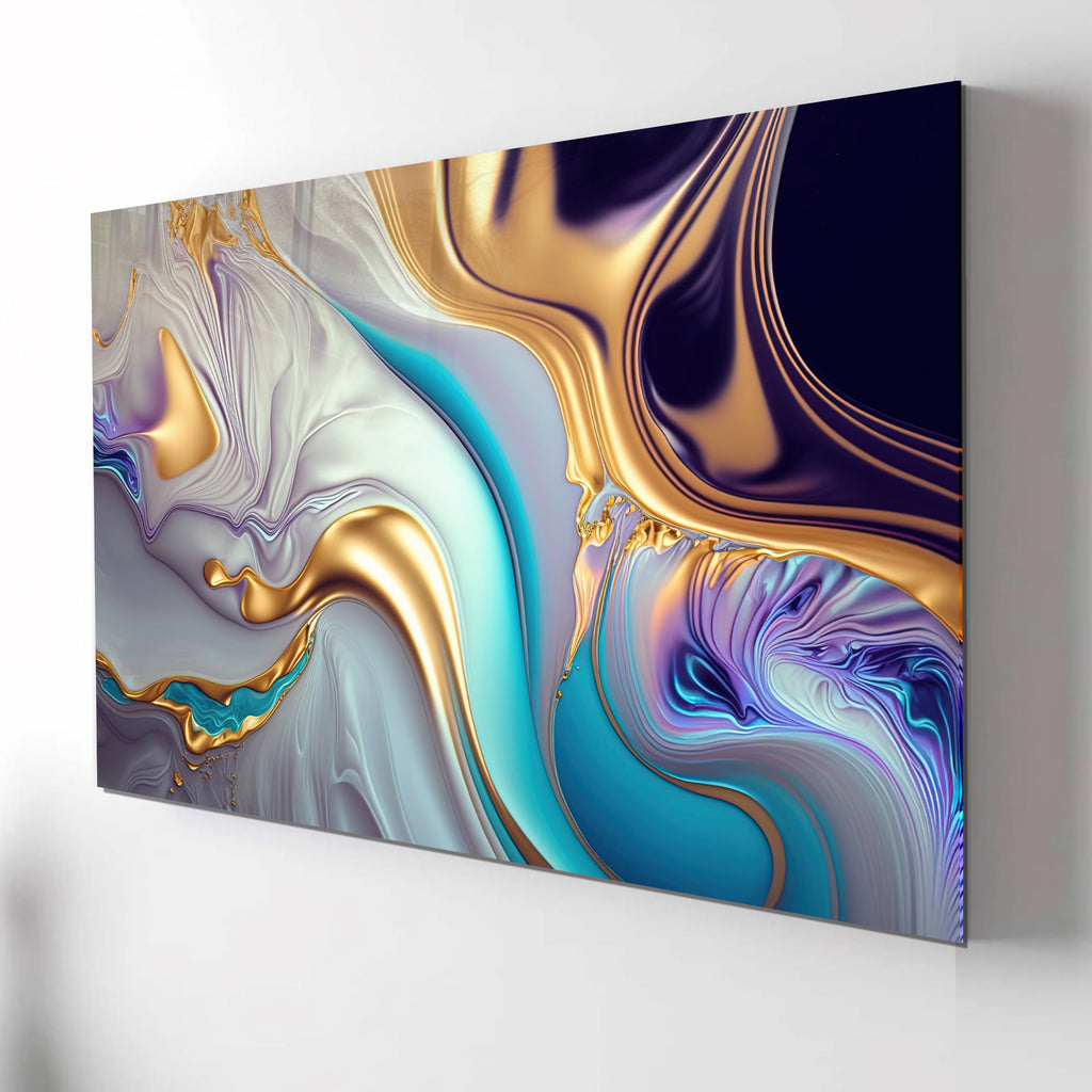 Gold Abstract Chrome Glass Wall Art – Metallic Fluid Design on Tempered Glass