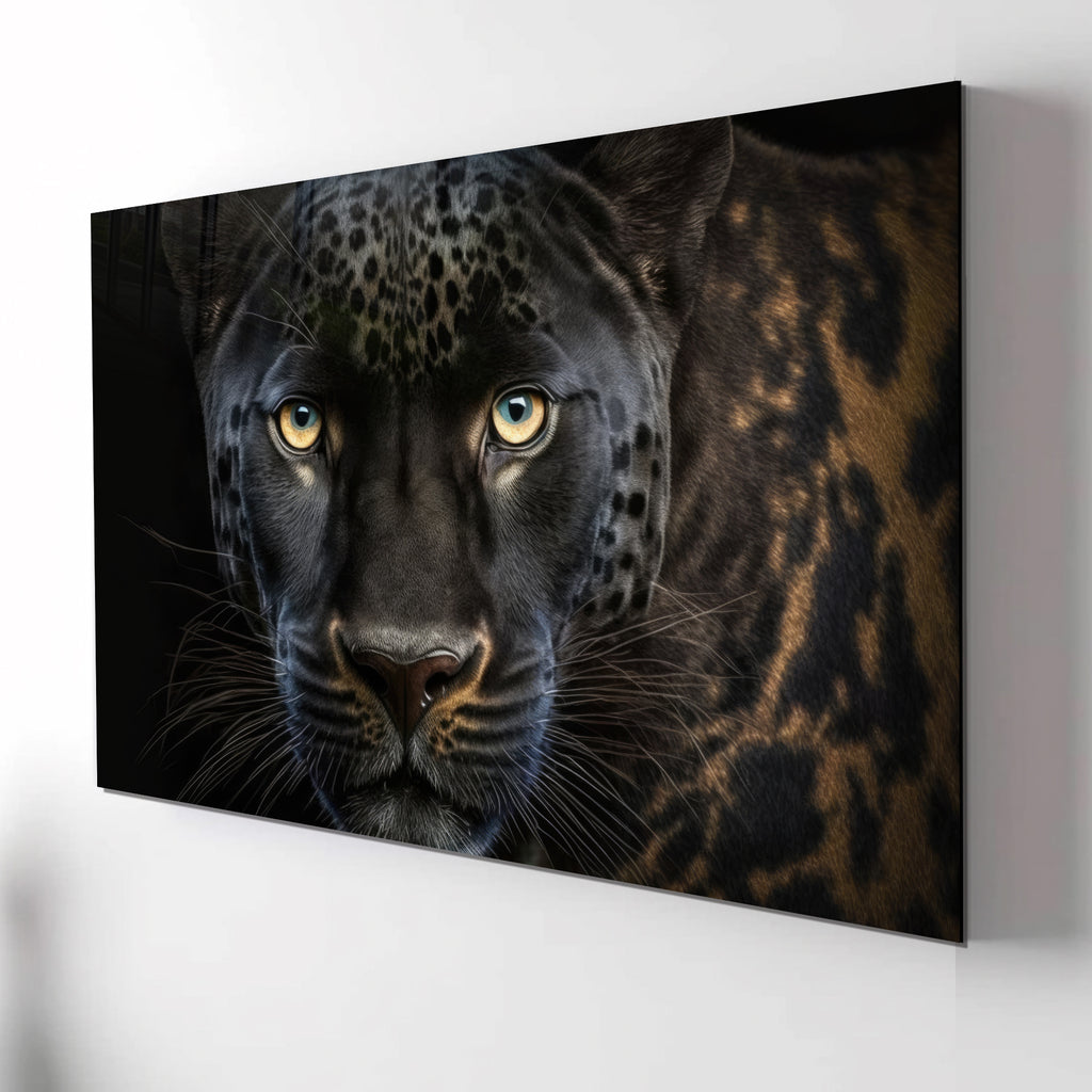 Black Leopard Wall Art – Wild Animal Portrait on Tempered Glass Panel