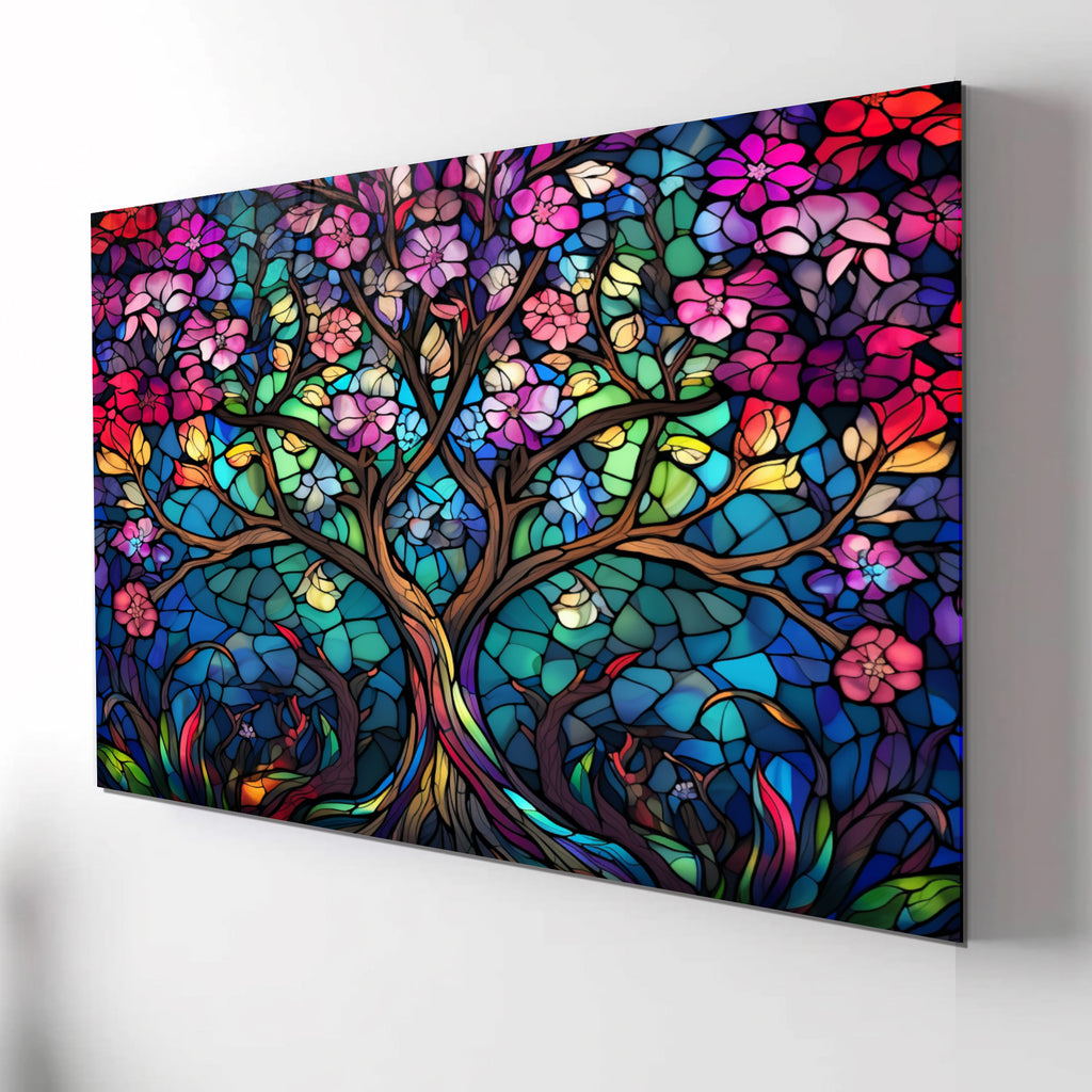 Tree of Life Stained Glass Wall Art – Colorful Floral Tempered Glass Panel