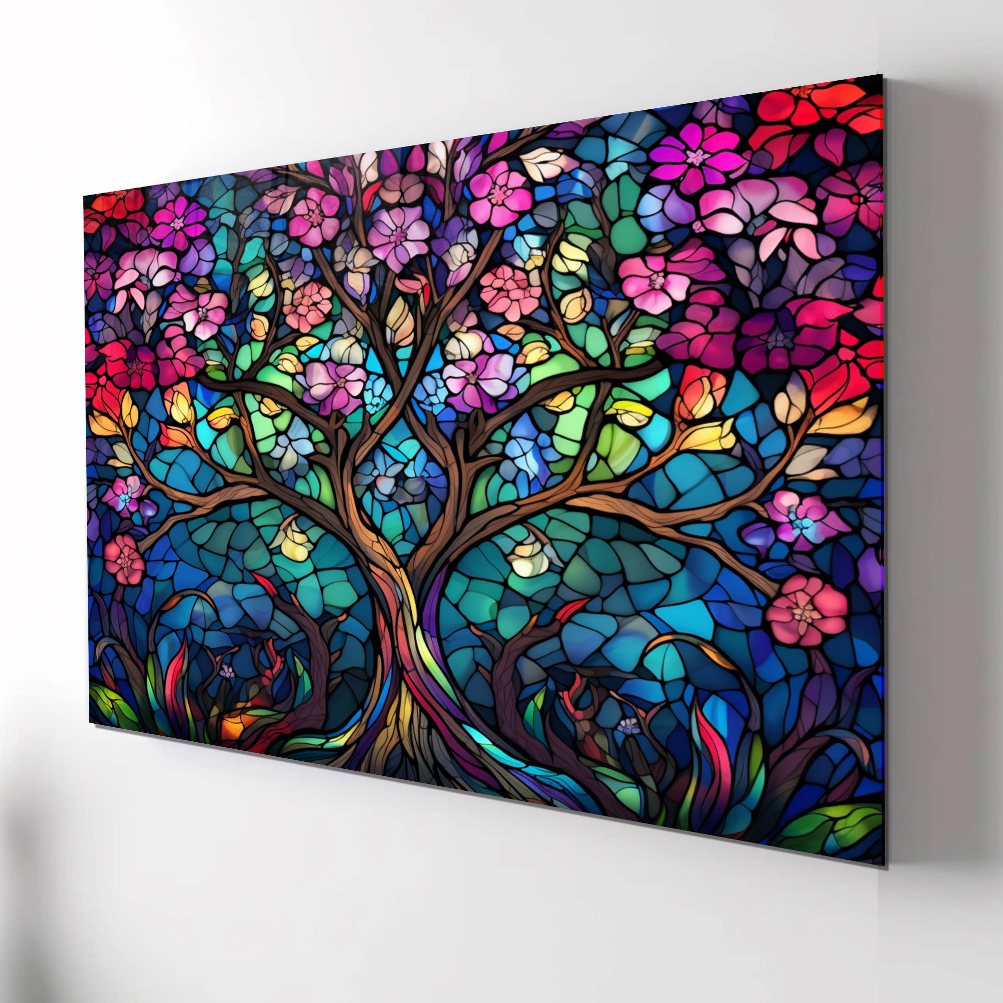 Ağaç Temalı Vitray Görünümlü Temperli Cam Tablo – Renkli Doğa Duvar Dekoru