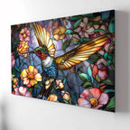 Sinek Kuşu ve Çiçekler Temalı Vitray Görünümlü Temperli Cam Tablo – Renkli Doğa Duvar Dekoru