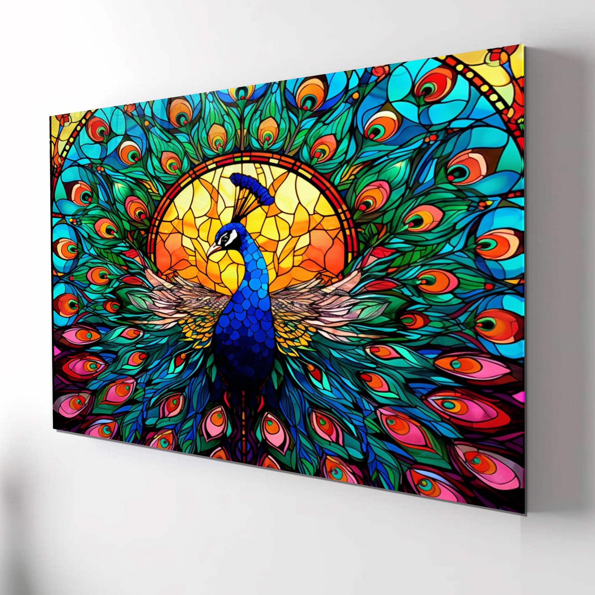 Tavuz Kuşu Temalı Vitray Görünümlü Temperli Cam Tablo – Renkli Doğa Duvar Dekoru