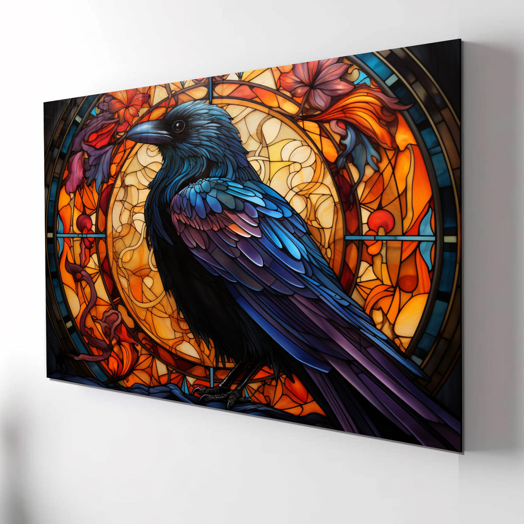 Raven Stained Glass Wall Art – Gothic Crow Bird Panel on Tempered Glass