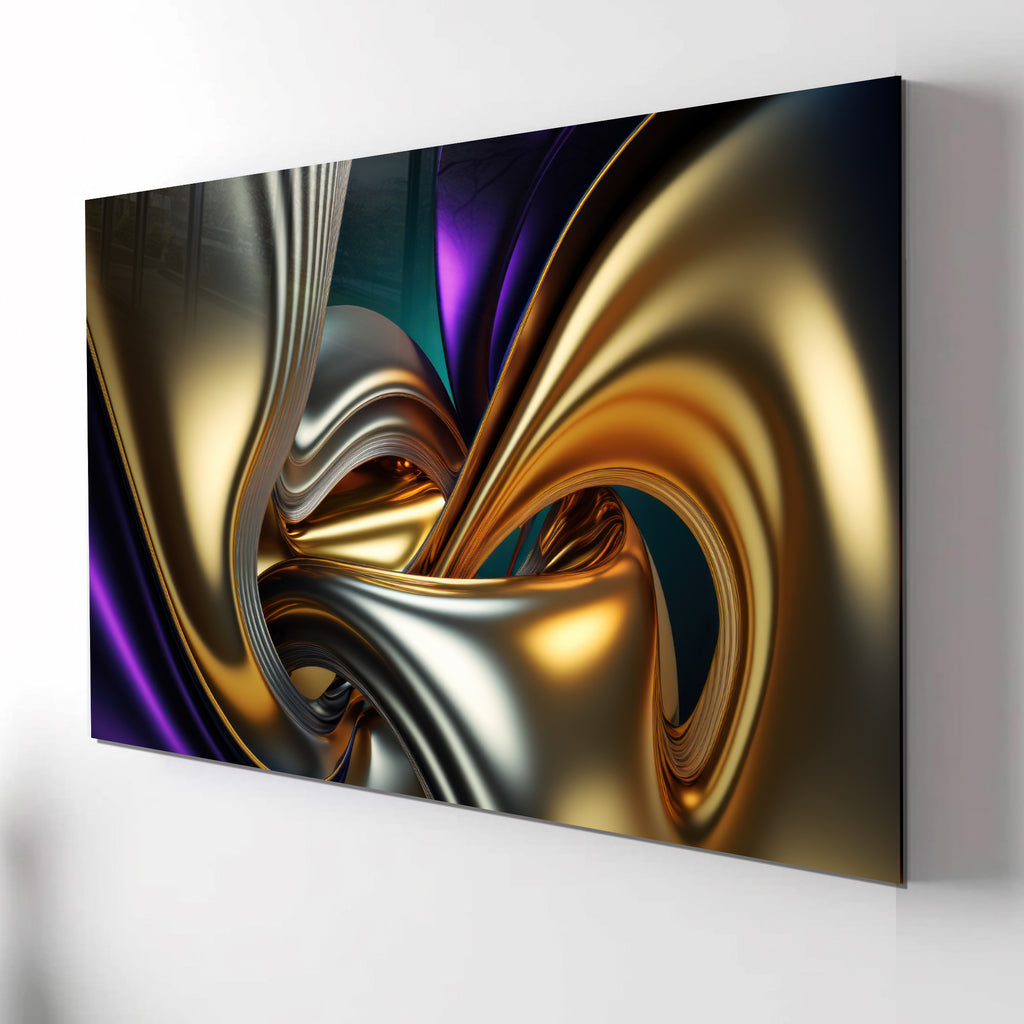 Gold &amp; Purple Abstract Glass Wall Art – Luxury Metallic Fluid Design on Tempered Glass