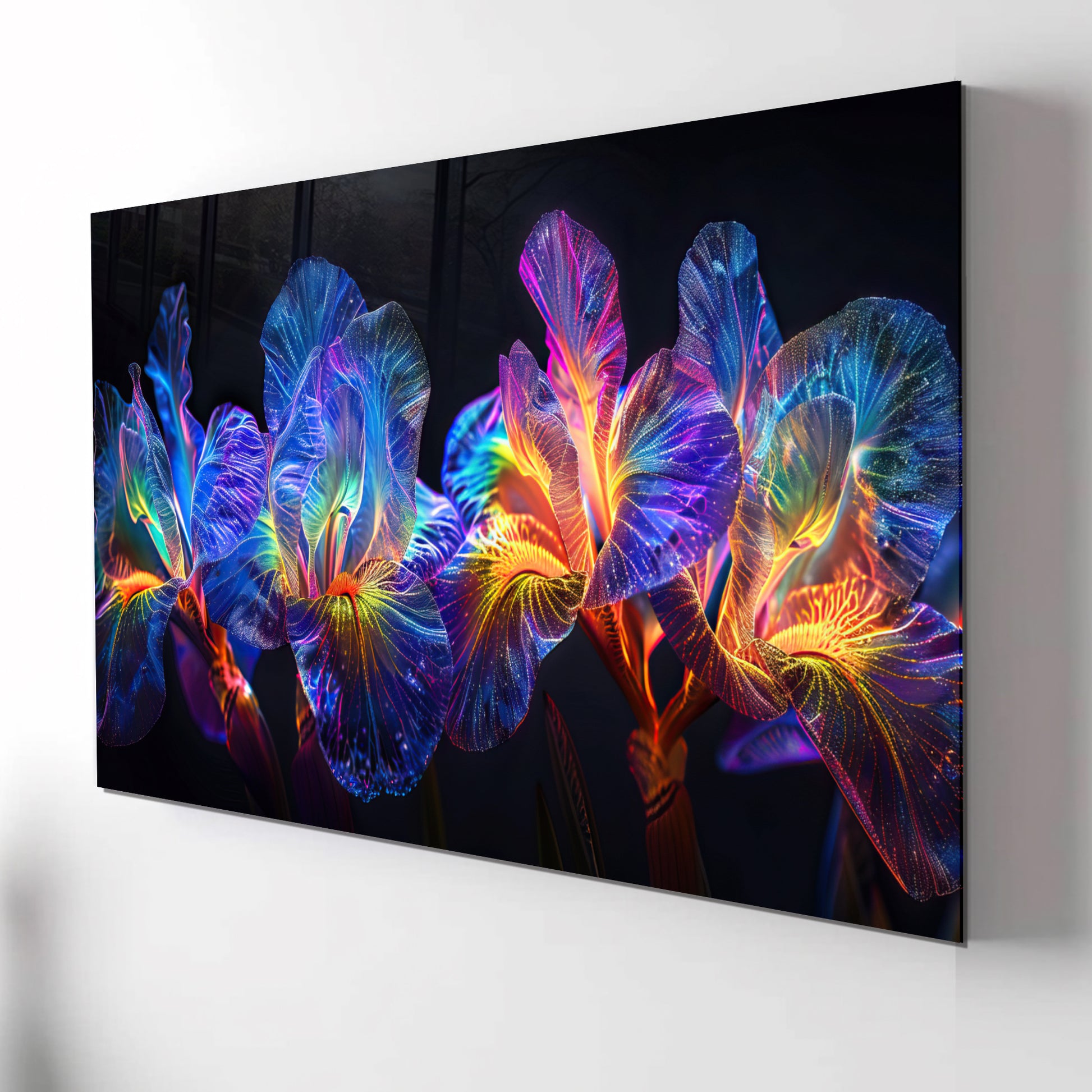 Rainbow Neon Iris Glass Wall Art – Glowing Colorful Floral Design on Tempered Glass
