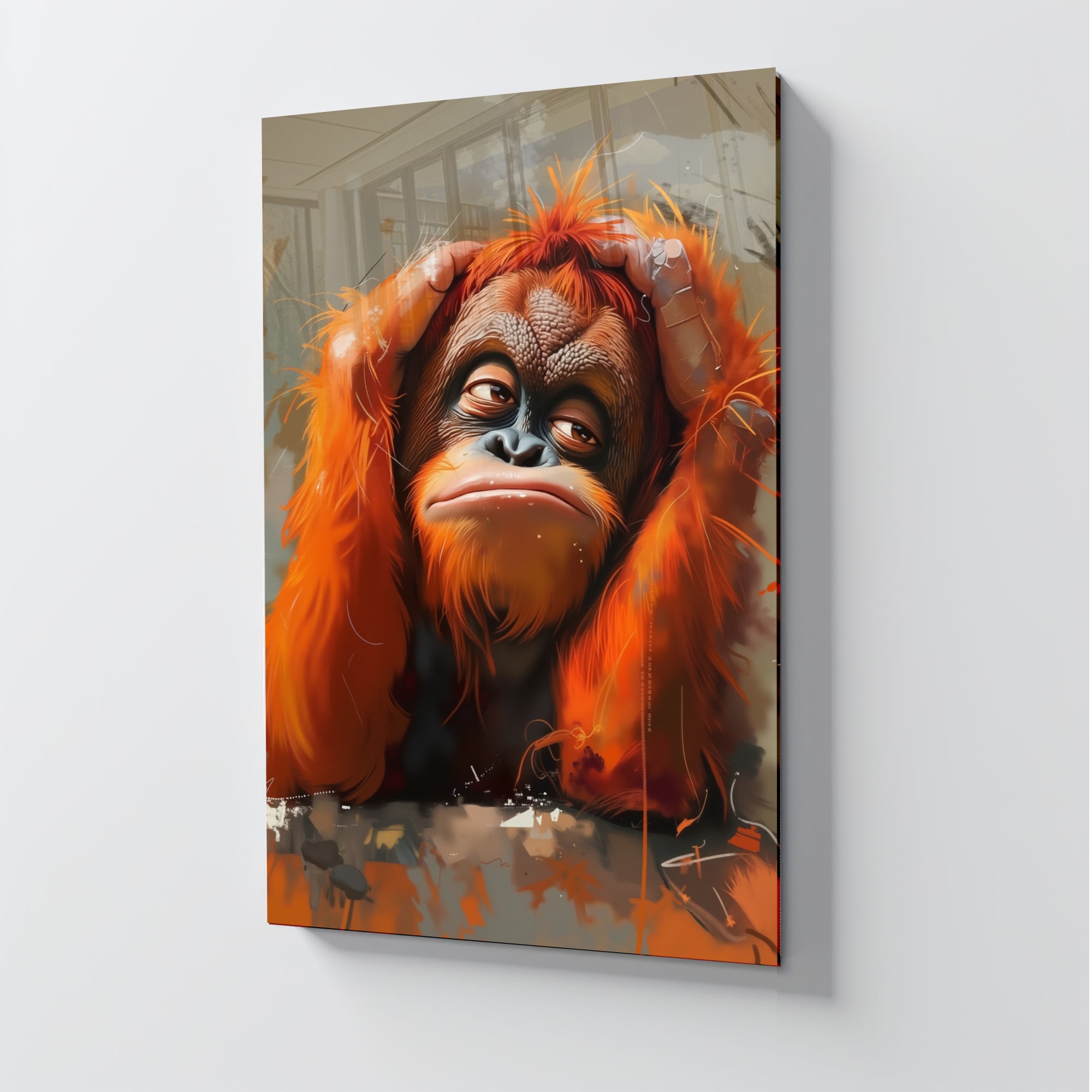 Turuncu Orangutan Temalı Temperli Cam Tablo – Modern Sanat & Mizahi Dekor