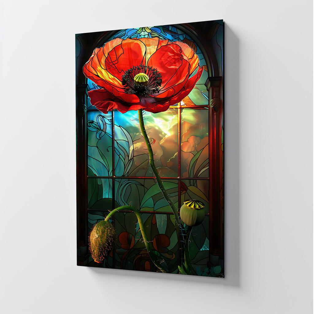 Temperli Cam Duvar Tablosu – Vitray Temalı Gelincik Çiçeği Cam Tablo