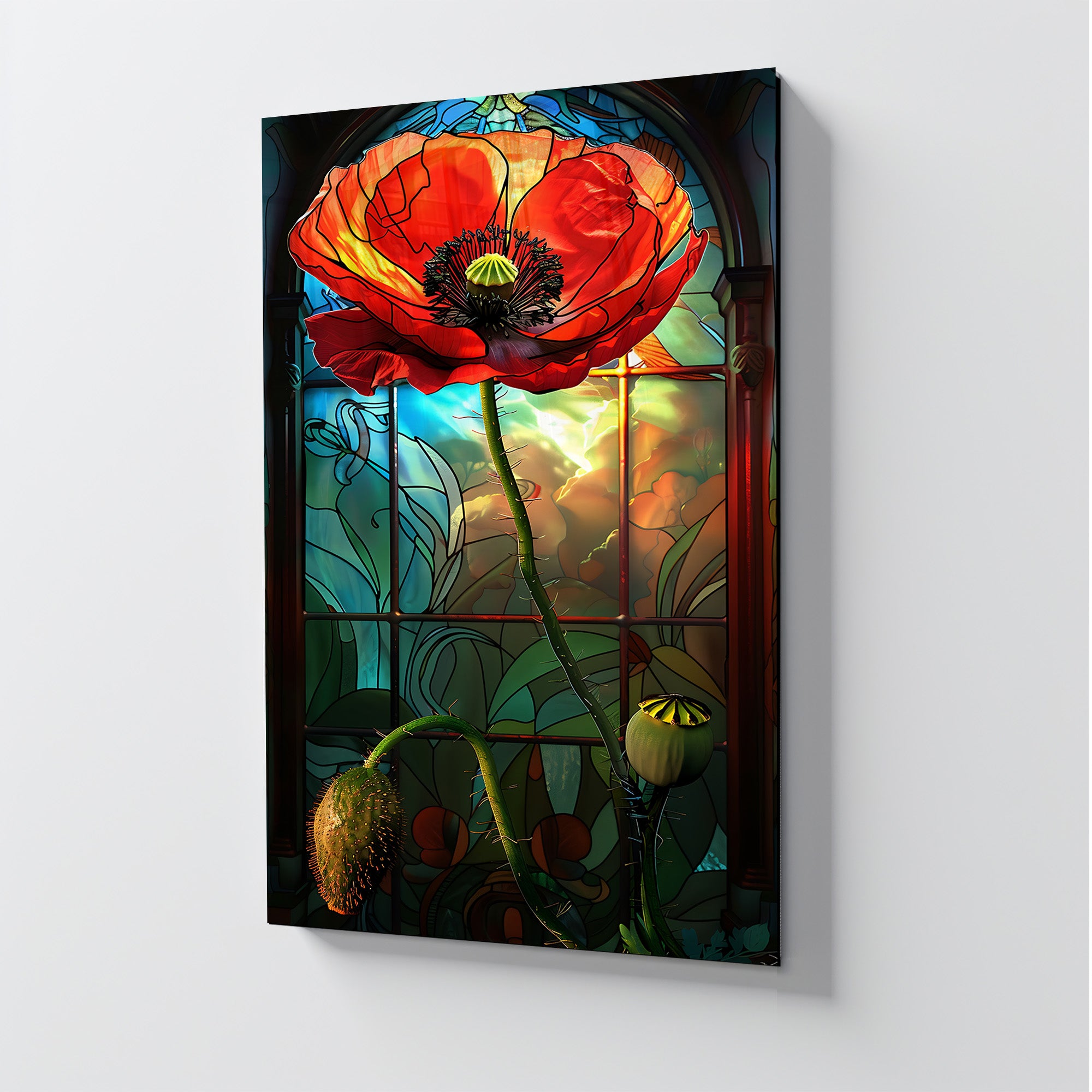 Temperli Cam Duvar Tablosu – Vitray Temalı Gelincik Çiçeği Cam Tablo