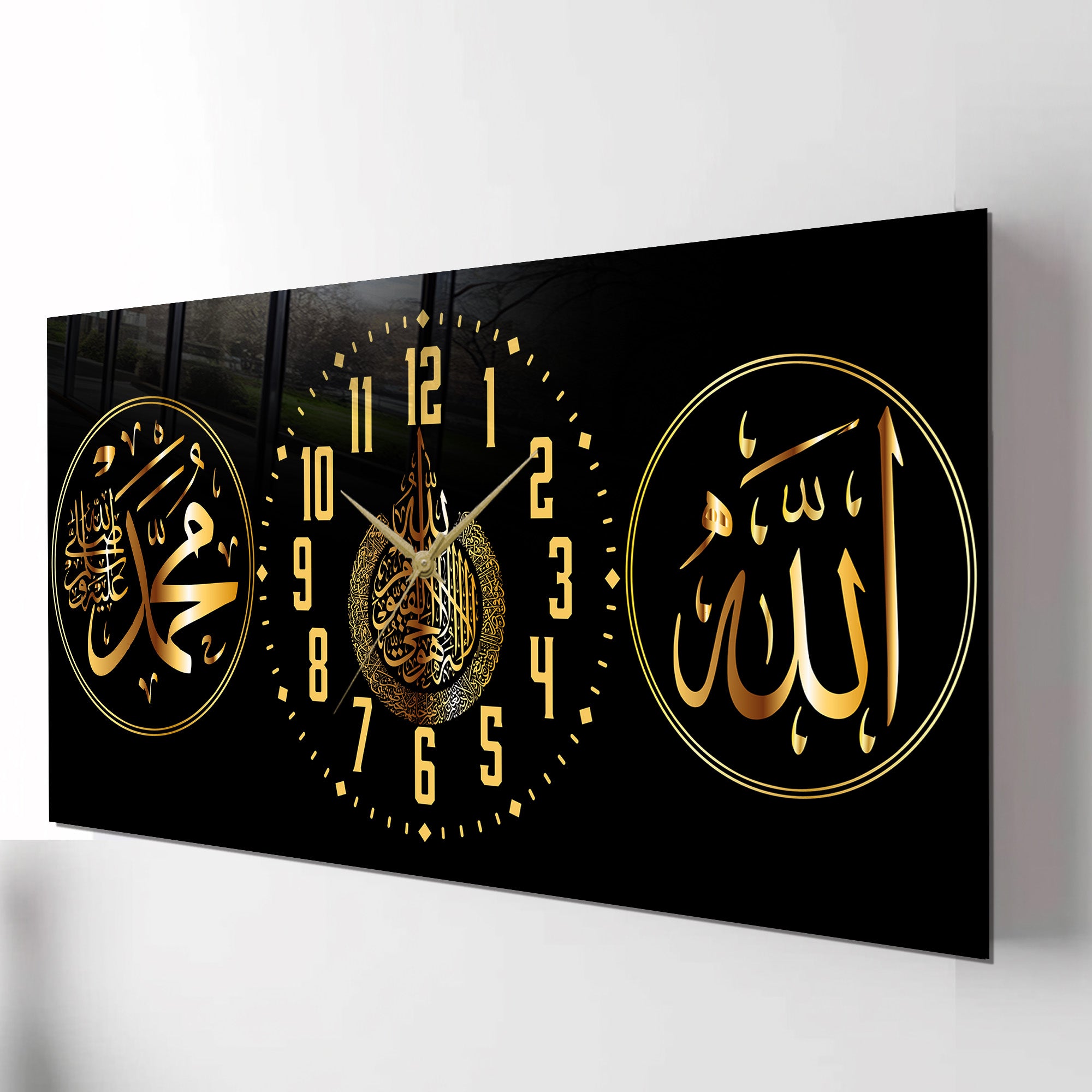 İslami Saatli Temperli Cam Tablo – Allah & Muhammed Yazılı Modern Duvar Saati, Ahşap Dese