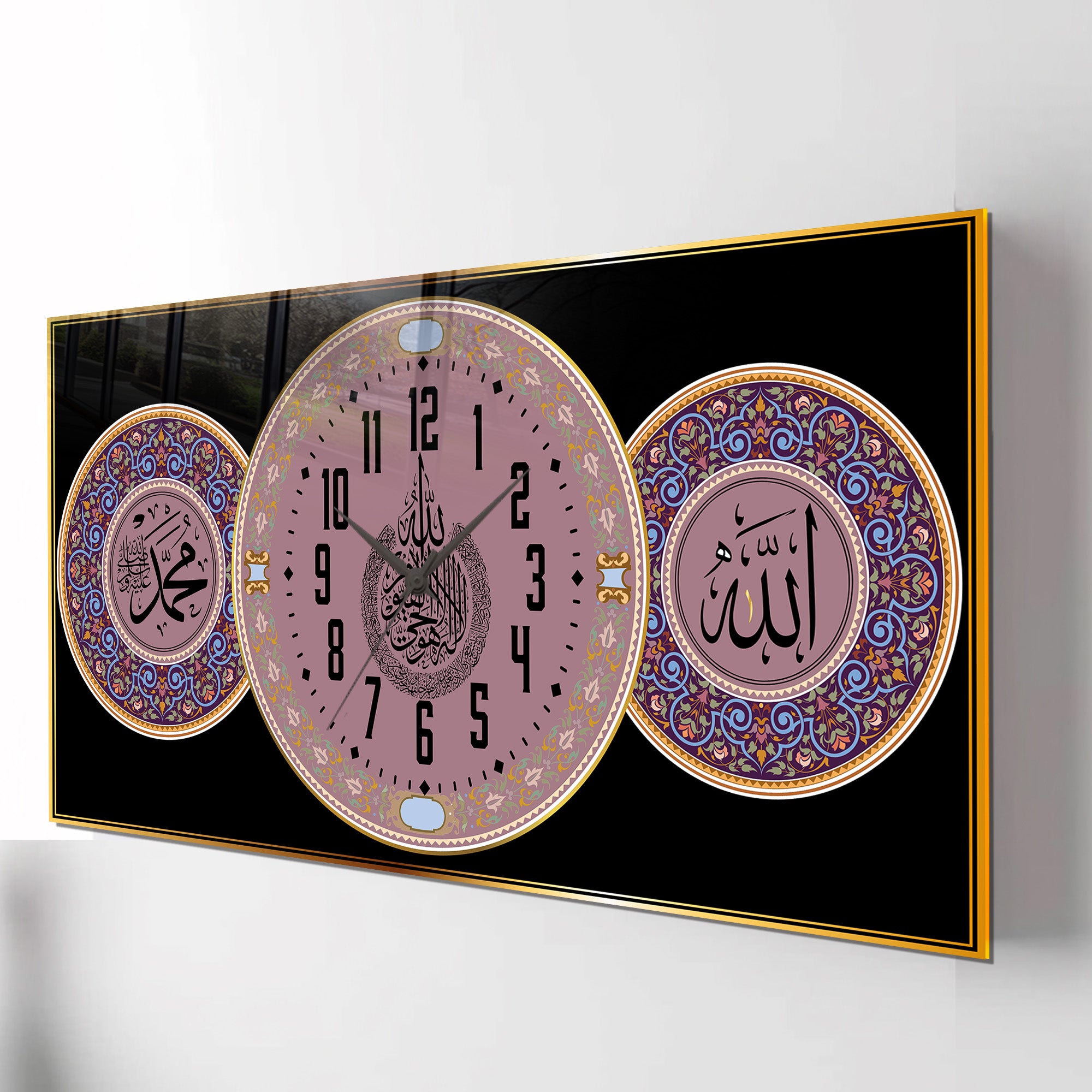 Nur Suresi 35 Ayetli Saatli Temperli Cam Tablo – Allah & Muhammed Yazılı, Türkçe Okunuşlu, Lüks İslami Duvar Saati